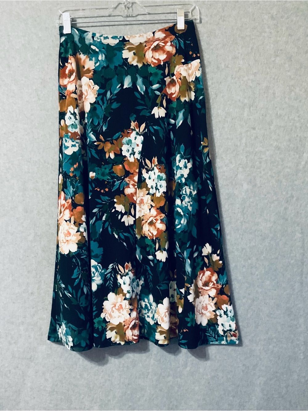 NY Collection Teal Floral A-Line Maxi Skirt with Rust and Cream Blooms SZ PXS